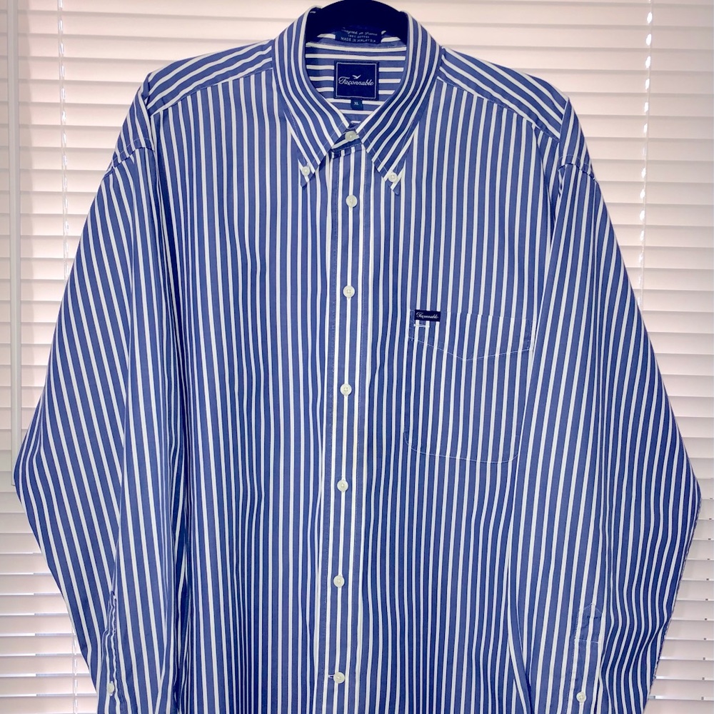 Faconnable Dress Shirt with vivid, crisp white and cobalt blue stripes. Size XL